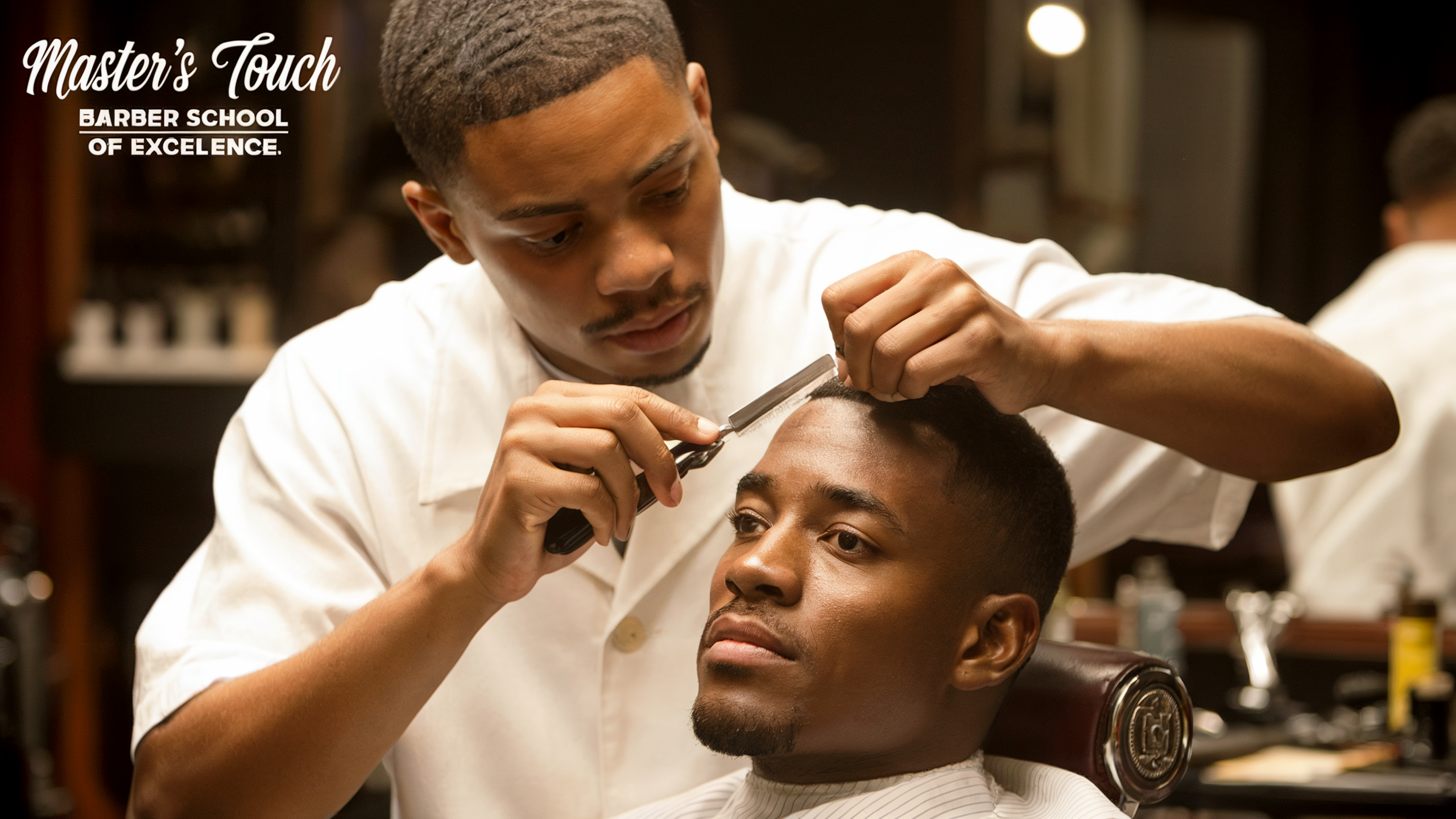 Young Black male barbering student at Master’s Touch Barber School of Excellence performing a razor lineup on a client inside a professional training space.